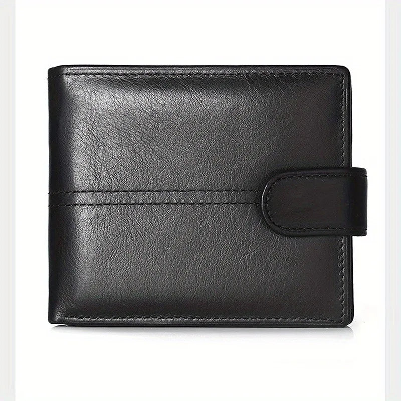Men's Genuine Leather Wallet, Anti-Theft RFID Brush, Anti-Magnetic, Short Coin Purse, Large Capacity, Multi-Slot Buckle Wallet