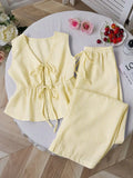 Women's Sets Two 2pcs Sale Summer V Neck Sleeveless Lace Up Vests&High Elastic Waist Striped Wide Leg Pant Suits OUYW-25014