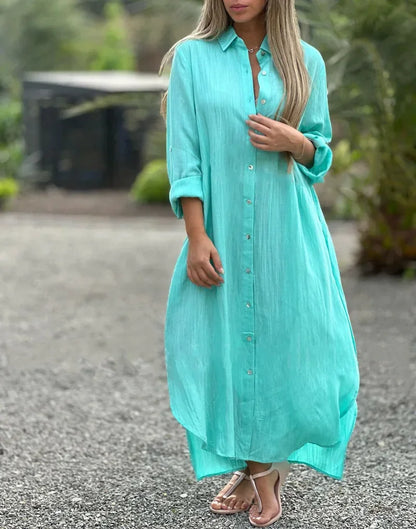 Vestido longo de algodão e cânhamo feminino, camisa elegante, manga longa casual, estilo praia, plus size, verão, novo