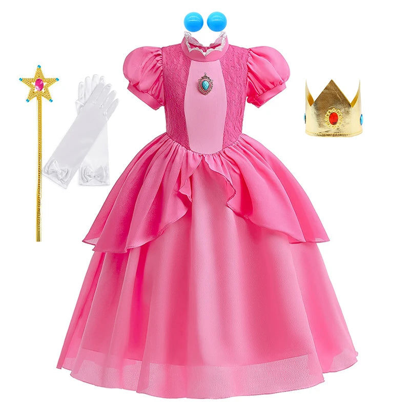 Peach Cosplay Costume for Girls Fancy Princess Cosplay Pink Dress Carnival Birthday Party Kids Movies Ball Gowns Clothes