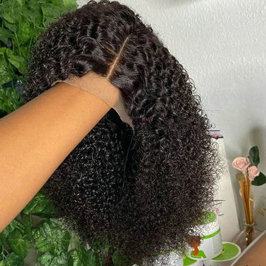 Short 8 to 16 Inch Kinky Curly Bob Human Hair Wig Pre-Plucked T Part Lace Peruvian Curly Human Hair Bob Wigs For Women and Girls