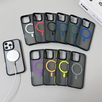 Luxury Magnetic Color Matte Translucent Armor Shockproof Case For iPhone 11 12 13 14 15 16 ProMax Magsafe Wireless Charge Cover