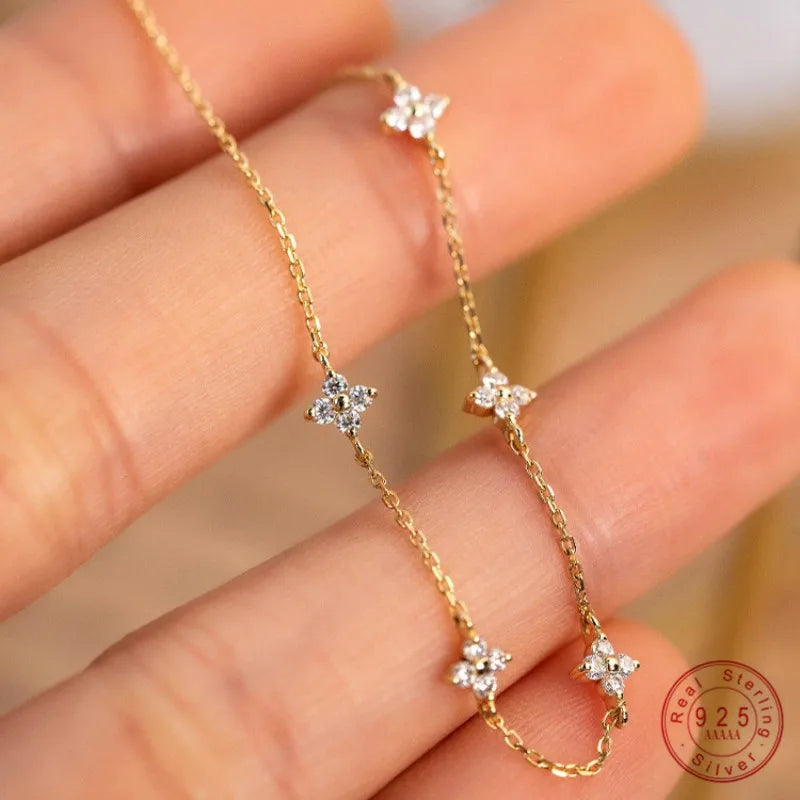 925 Sterling Silver Plated Bracelet for Women, 18K Gold, Shiny Zircon Flower, Korean Temperament, Exquisite Jewelry Gifts 