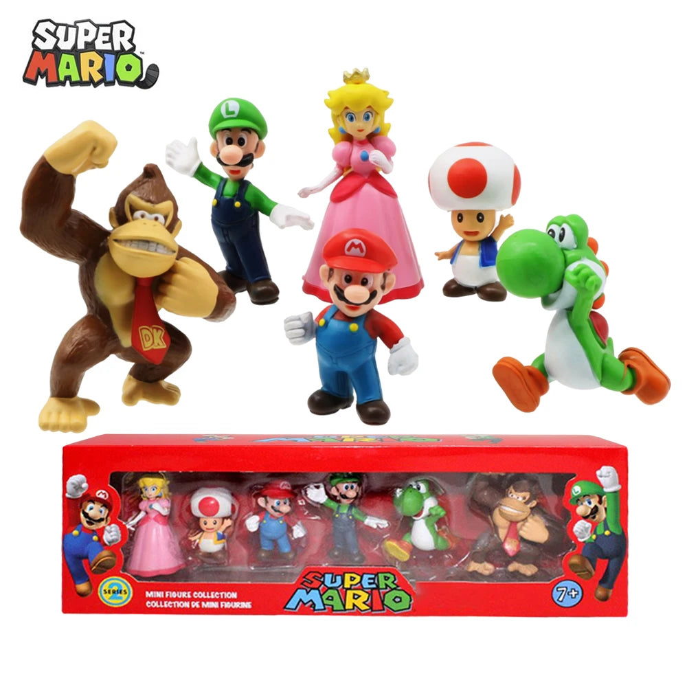 Figuras de acción de Super Mario Bros. de PVC, set de 6 unidades, Luigi, Yoshi, Donkey Kong, Mushroom, para niños, regalos de cumpleaños