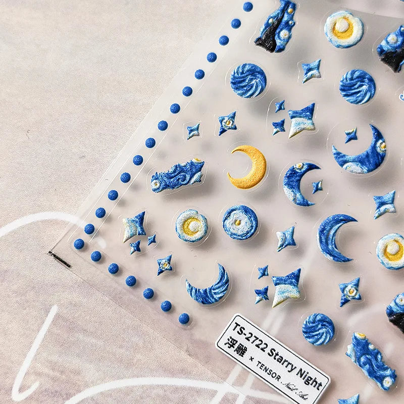 Blue Starry Night 5D Soft Embossed Relief Self Adhesive Nail Art Decoration Stickers Dressy White Stars 3D Manicure Decals Woman