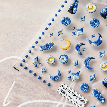 Blue Starry Night 5D Soft Embossed Relief Self Adhesive Nail Art Decoration Stickers Dressy White Stars 3D Manicure Decals Woman
