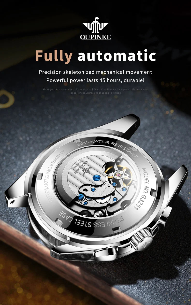 OUPINKE 3251 Skeleton Flywheel Automatic Watch for Men Stainless Steel Waterproof Wristwatch Luxury Sapphire Mirror Men's Watch