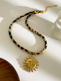 GHIDBK Europe and America Exaggerated Stainless Steel Heart Sun Pendant Necklace Vintage Trend Leopard Print Necklaces for Women