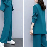 Breathable Two-Piece Set Elegant Women's Business Suit Set with Lapel Button Closure Cardigan Wide Leg Trousers Formal for Plus