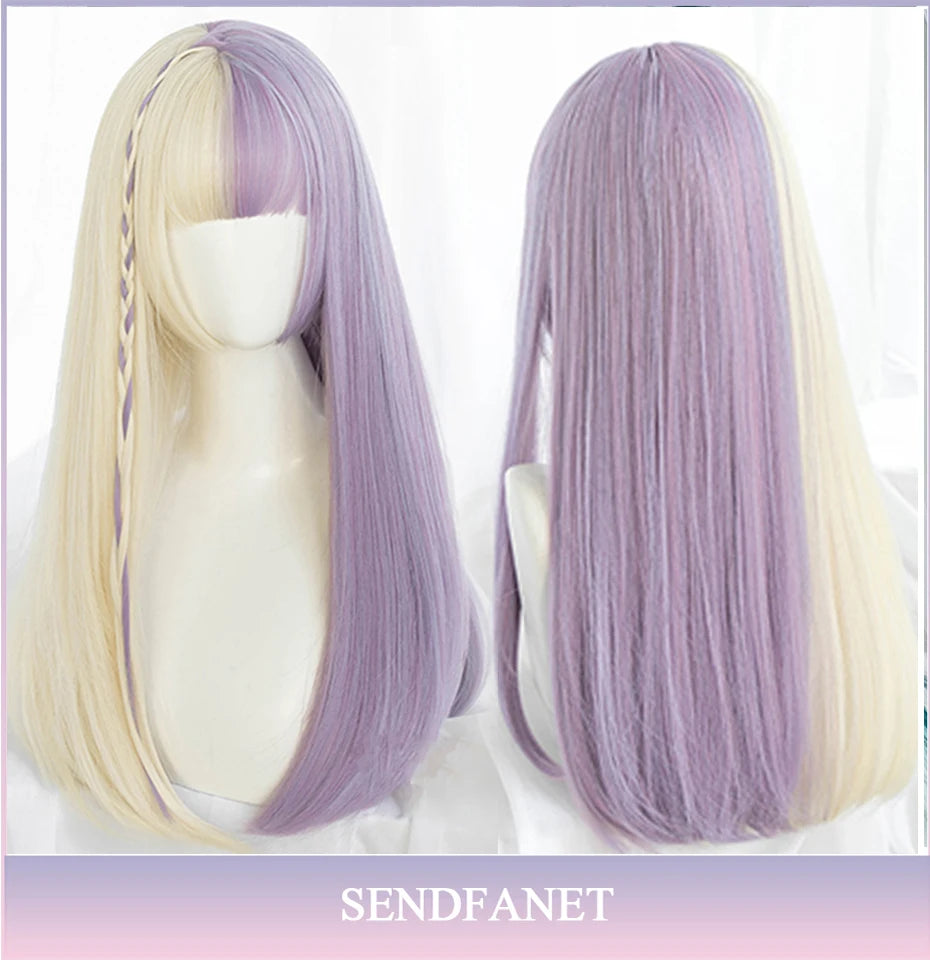 AS Long Straight Black Synthetic Wig For Women With Bangs Black Cosplay Lolita Wigs Heat Resistant Natural Hair