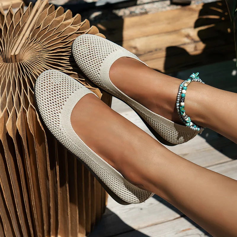 Cross-Border New Solid Color Round Toe Feizhi Flat Ballet Flats Women Casual Breathable Knit Slip-On Work Shoes