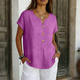 2026 Summer Basic Blouses Women's Shirts Solid Color Casual Short-Sleeve Cotton Linen Fashion Plus Size V-Neck Loose Button Tops