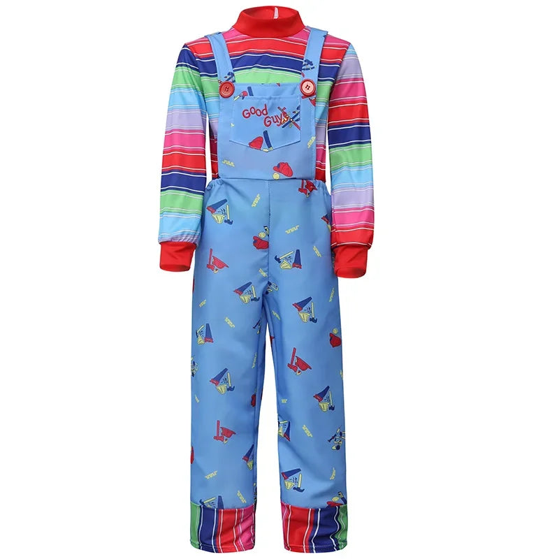 Disfraz de Chucky para Halloween, pantalones con pechera para niños, incluye mono, disfraz de terror de Halloween, regalo, pegatinas de cicatrices