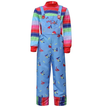 Disfraz de Chucky para Halloween, pantalones con pechera para niños, incluye mono, disfraz de terror de Halloween, regalo, pegatinas de cicatrices