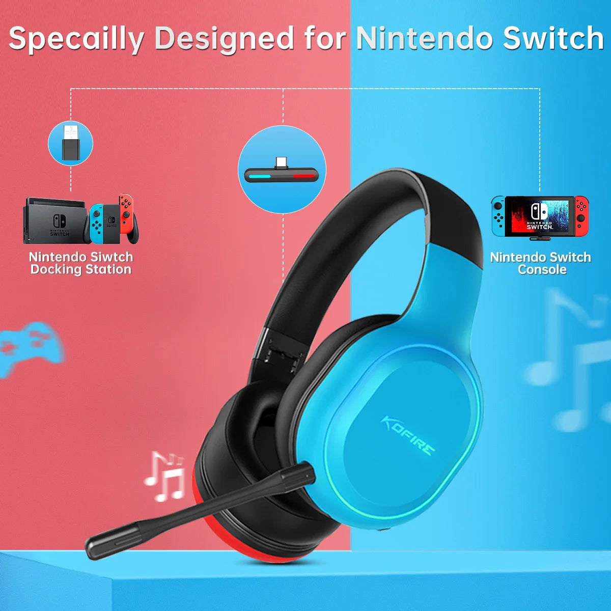 KOFIRE UT-01 Wireless Gaming Headset for Nintendo Switch Lite OLED Model, 2.4GHz Ultra-Low Latency BT  Headphone with Microphone