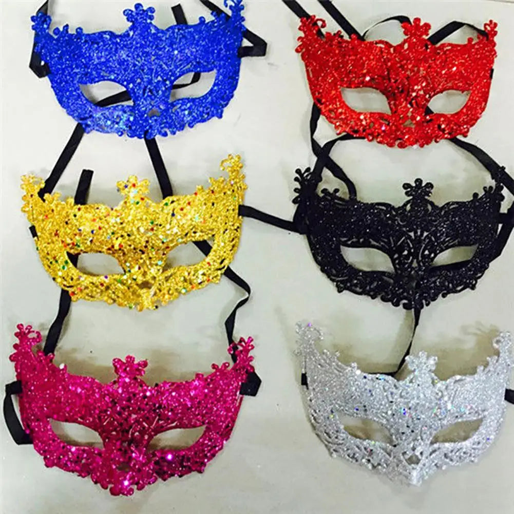 Máscara Veneziana de Baile de Máscaras com Glitter e Fitas para Mulheres – Estilo Misterioso para Halloween e Festas a Fantasia