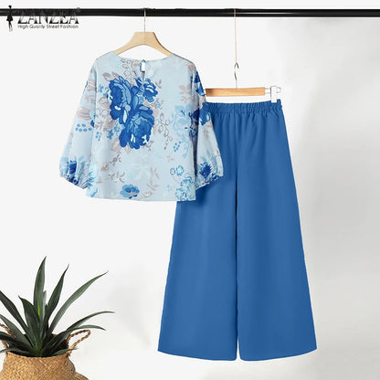 ZANZEA - Conjunto de 2 piezas de chándal para mujer, pantalones de primavera, blusa de manga 3/4, pantalones de pierna ancha, traje informal, conjunto estampado a juego