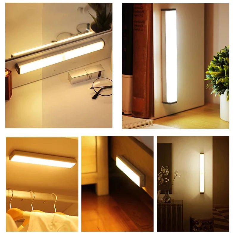 Luz LED Noturna Sem Fio com Sensor de Movimento e Recarregamento Tipo C – Iluminação para Armários, Guarda-roupas, Escadas e Cozinha
