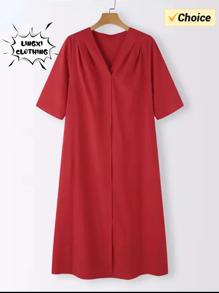 Vestido elegante de verano 2022 para mujer, de algodón y fibra de cáñamo, talla grande, con escote en V, monocromático, de longitud media y empalmado. 