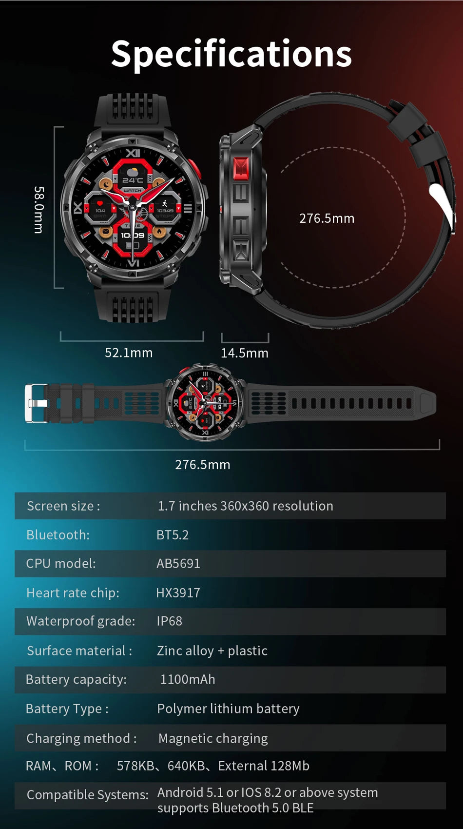 Novo Smartwatch T-Rex3 Pro 2026 – Bateria de 1100mAh, GPS com rastreamento de rota, Resistência à água 5ATM, Monitoramento de esportes e corrida, Bússola, Estilo militar