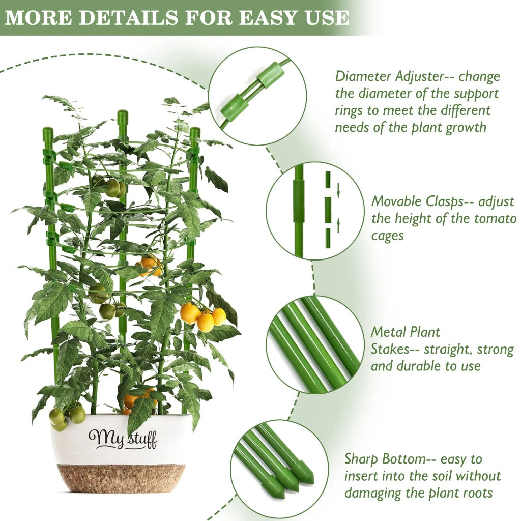 Jaula ajustable para tomates de 90 cm y 36 pulgadas, soporte para plantas, enrejado para pepinos y plantas trepadoras, 4 anillos ajustables y clip para plantas.
