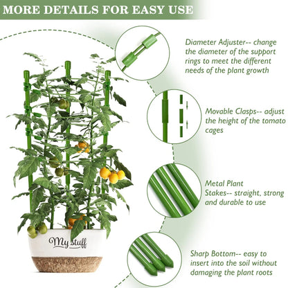 Jaula ajustable para tomates de 90 cm y 36 pulgadas, soporte para plantas, enrejado para pepinos y plantas trepadoras, 4 anillos ajustables y clip para plantas.