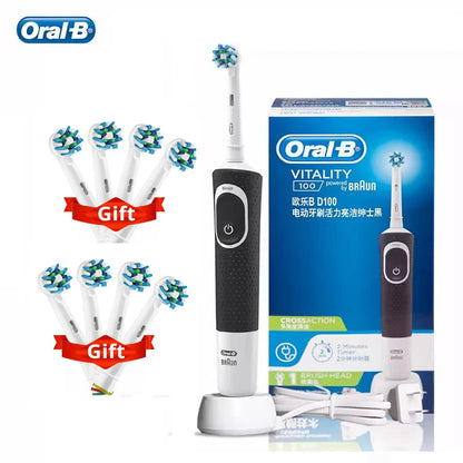 Cepillo de dientes eléctrico Oral B Vitality Cross Action recargable con temporizador de 2 minutos y rotación para dientes blancos y limpios. Cepillo blanco y negro.