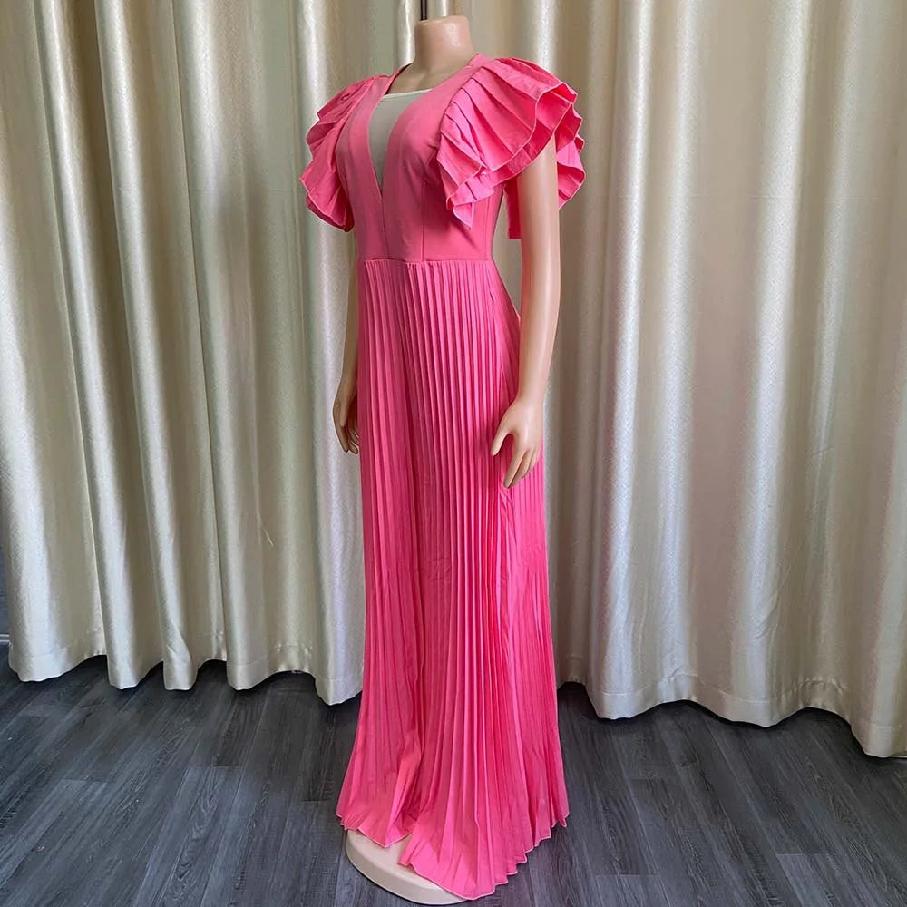 Elegant Pleated Jumpsuits & Rompers for Women V Neck Ruffles High Waisted Loose Floor Length Luxury Female Birthday Party Romper