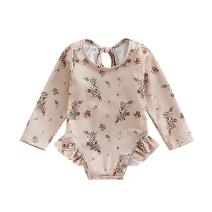 Traje de baño de verano para niñas pequeñas, estampado floral, sin espalda, con volantes, manga larga, ropa de playa para niñas de 0 a 4 años