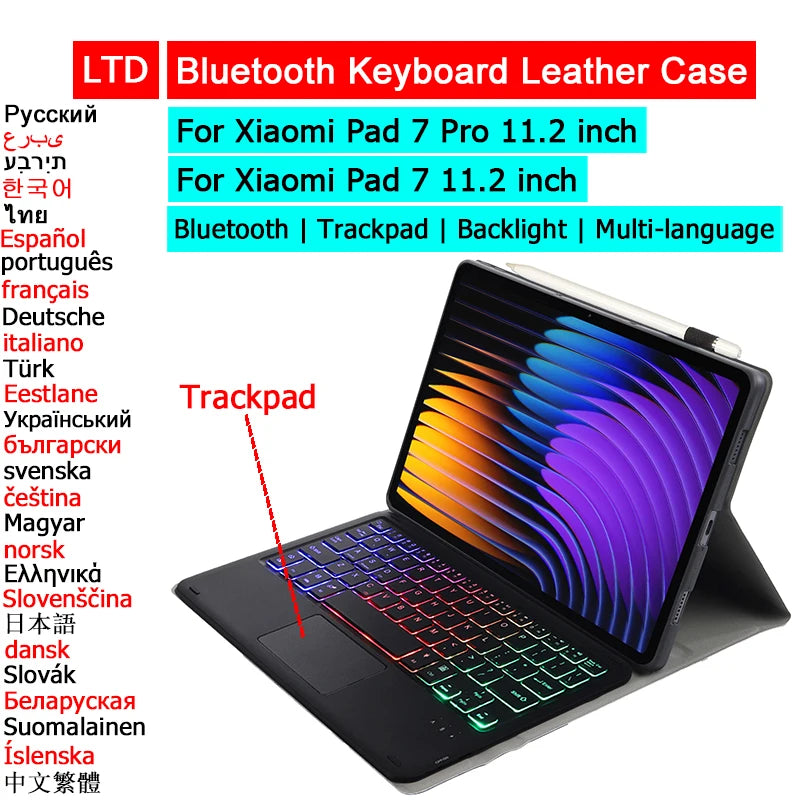 Bluetooth Keyboard Case For Xiaomi Pad 7 7 Pro 11.2 Trackpad Tablet Case Russian Arabic Hebrew Spanish Korean French Keyboard