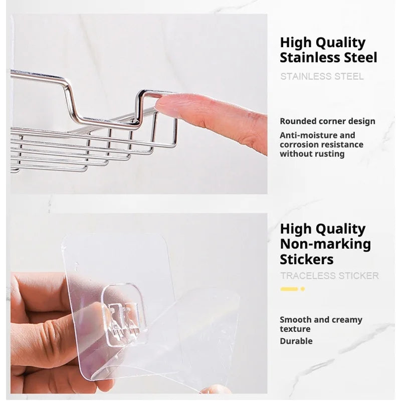 Jabonera de acero inoxidable para baño, soporte de pared sin perforaciones, bandeja para esponja de cocina, organizador, jabonera adhesiva para ducha