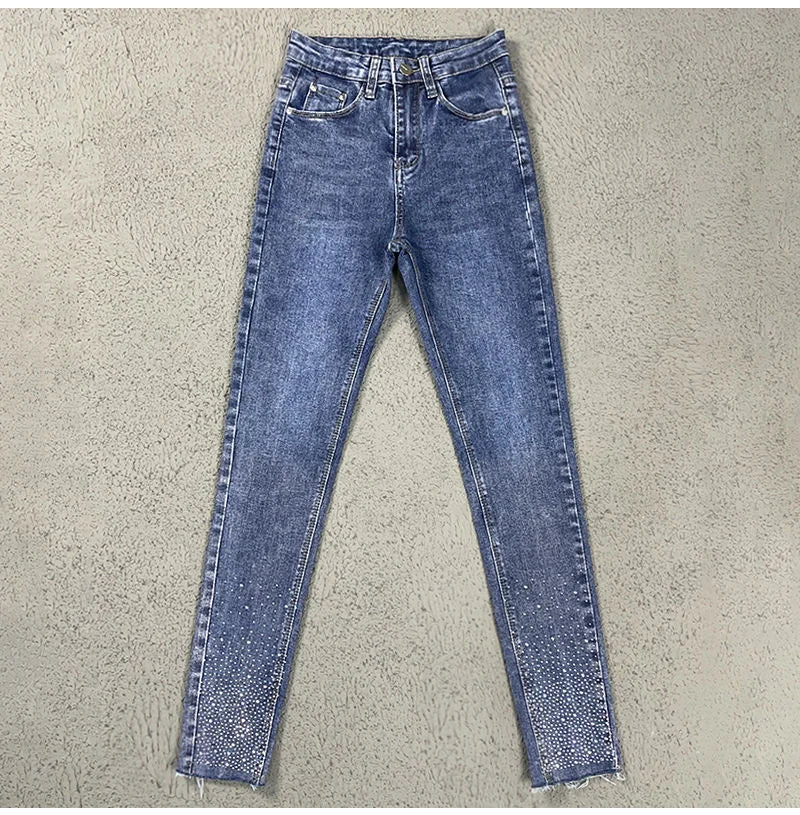 Spring Summer 2024 New Fashion Harem Denim Pants Female Rhinestones Korean Version High Waist Slim Elastic Jeans Pencil Pants