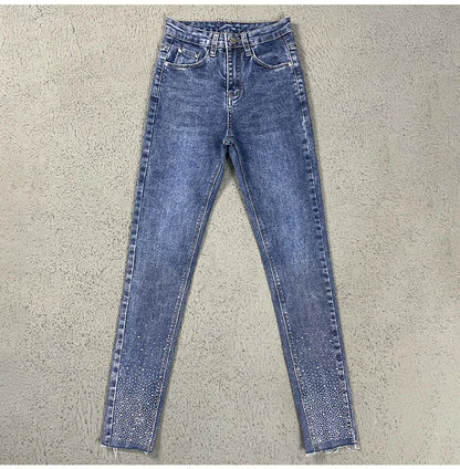 Spring Summer 2024 New Fashion Harem Denim Pants Female Rhinestones Korean Version High Waist Slim Elastic Jeans Pencil Pants