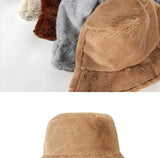 Winter Rabbit Plush Fisherman Hats for Women Girl Bucket Hat Windproof Leopard Soft Faux Fur Wide Brim Lady Women Artist Cap