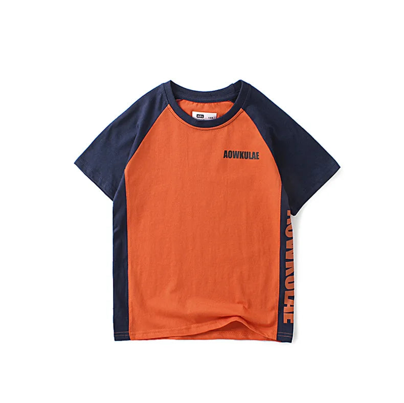 2022 Summer Korean Style Children T-Shirts Fashion Splicing Letter Design Kids Short Sleeve Tops Pure Cotton Children's Clothes