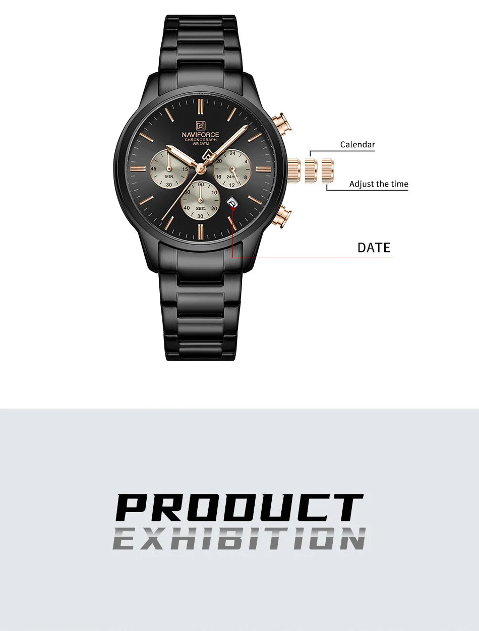 NAVIFORCE NF8076 Sports Watches for Men Stainless Steel Strap Quartz 3ATM Waterproof Shockproof New Fashionable Watch