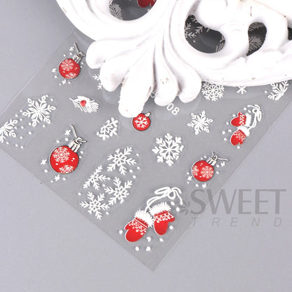 5D Red Christmas Nail Stickers Glitter Embossed Snowflake Gloves Feather Bulb Bells Winter Xmas DIY Engraved Manicure Decoration