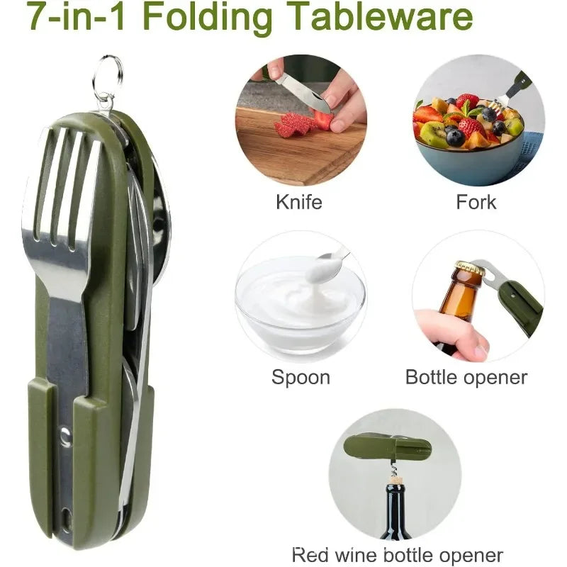 7 in 1 Multifunctional Outdoor Tableware Survival Tools Stainless Steel Foldable Fork Spoon Knife Picnic Camping Dinnerware