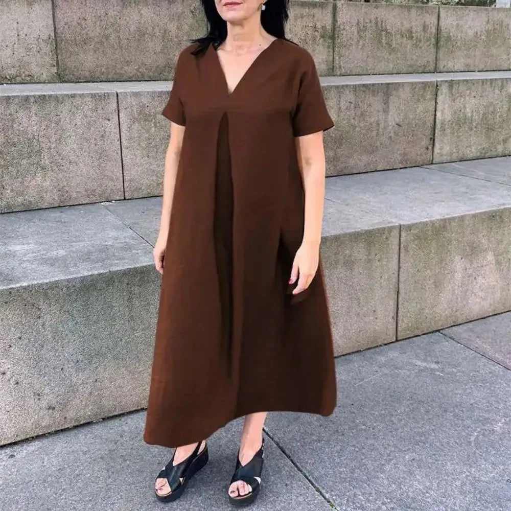 Vestido de manga curta de algodão e cânhamo feminino, decote em v, monocromático, casual, solto, grande, primavera, verão, moda, plus size, L a 5XL