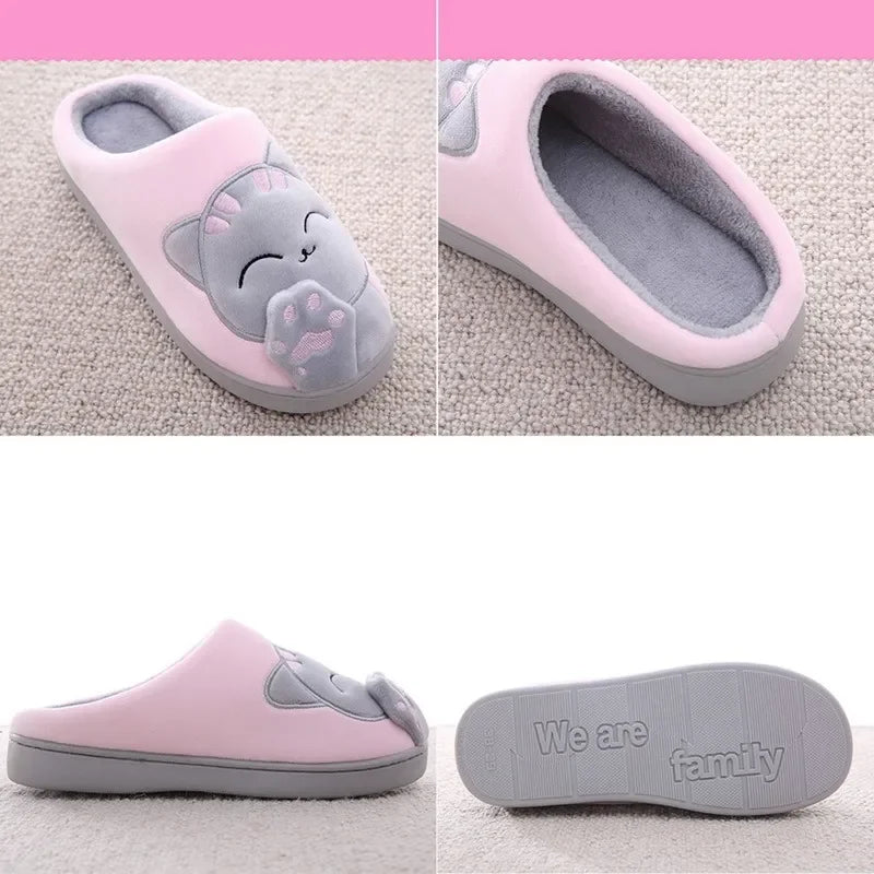 Women's Winter Warm Slippers Cartoon Cat Shoes Furry Plush Slides Round Toe Flats Indoor Home Bedroom Floor Slippers Ladies Shoes