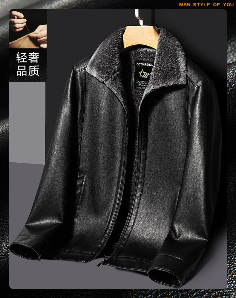 YN-2365 Autumn/Winter Men's Natural Leather Jacket Thickened Fur Integrated Business Casual Top Black Coffee Middle Aged Youth