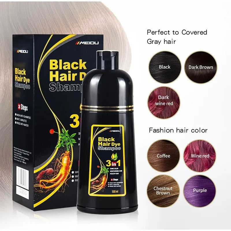 Shampoo de Coloração Instantânea Meidu 3 em 1 – Cor Preto Natural para Homens e Mulheres – Tinta de Cabelo à Base de Ervas (Opções: Castanho, Roxo)