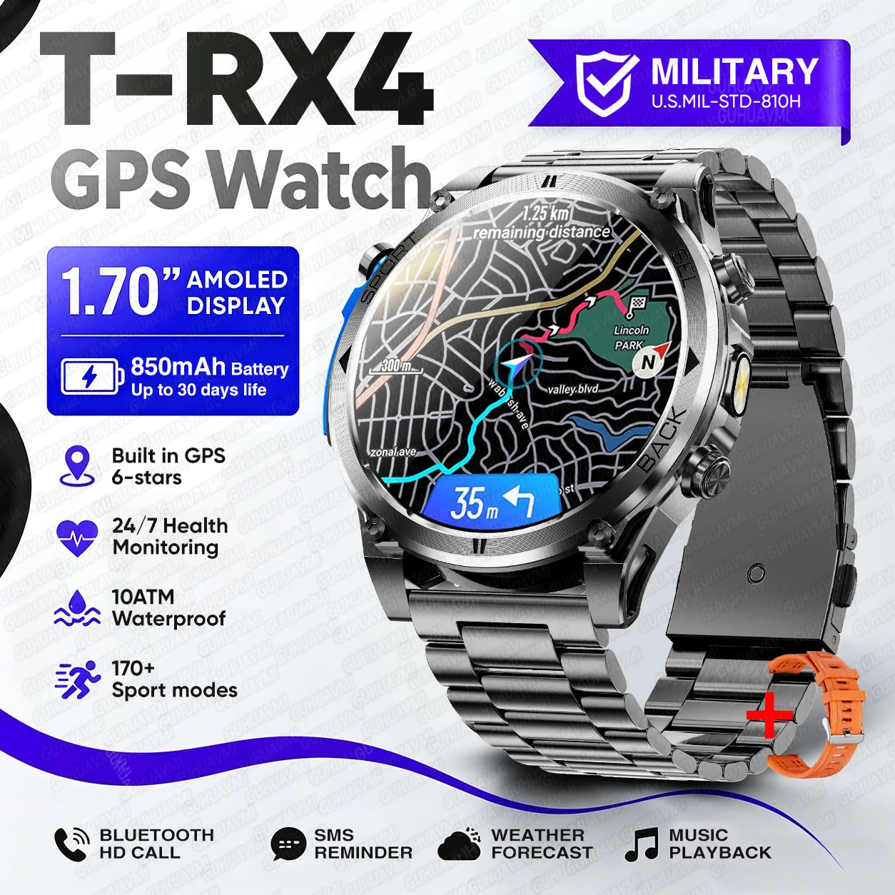 Novo Smartwatch Masculino T-RX4 Ultra GPS 2026 – Posicionamento GPS de 6 satélites, resistência à água 10ATM, bateria de 850mAh, bússola e mais de 170 modos esportivos.