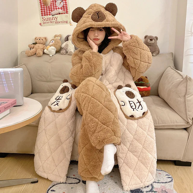 Plus Size Cartoon Coral Fleece Nightgown Pants Two Piece Sets for Women Winter Flannel Thicken Kawaii Bunny Hooded Pajamas Suit
