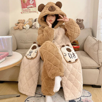 Plus Size Cartoon Coral Fleece Nightgown Pants Two Piece Sets for Women Winter Flannel Thicken Kawaii Bunny Hooded Pajamas Suit