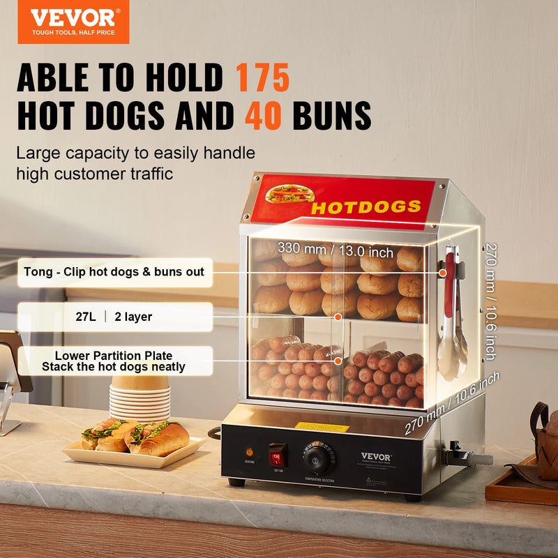 SucceBuy 27/37L 2Tiers Hot Dog Steamer with Temperature Control Stainless Steel Electric Bun Warmer for Hot Dogs&Buns for Cinema