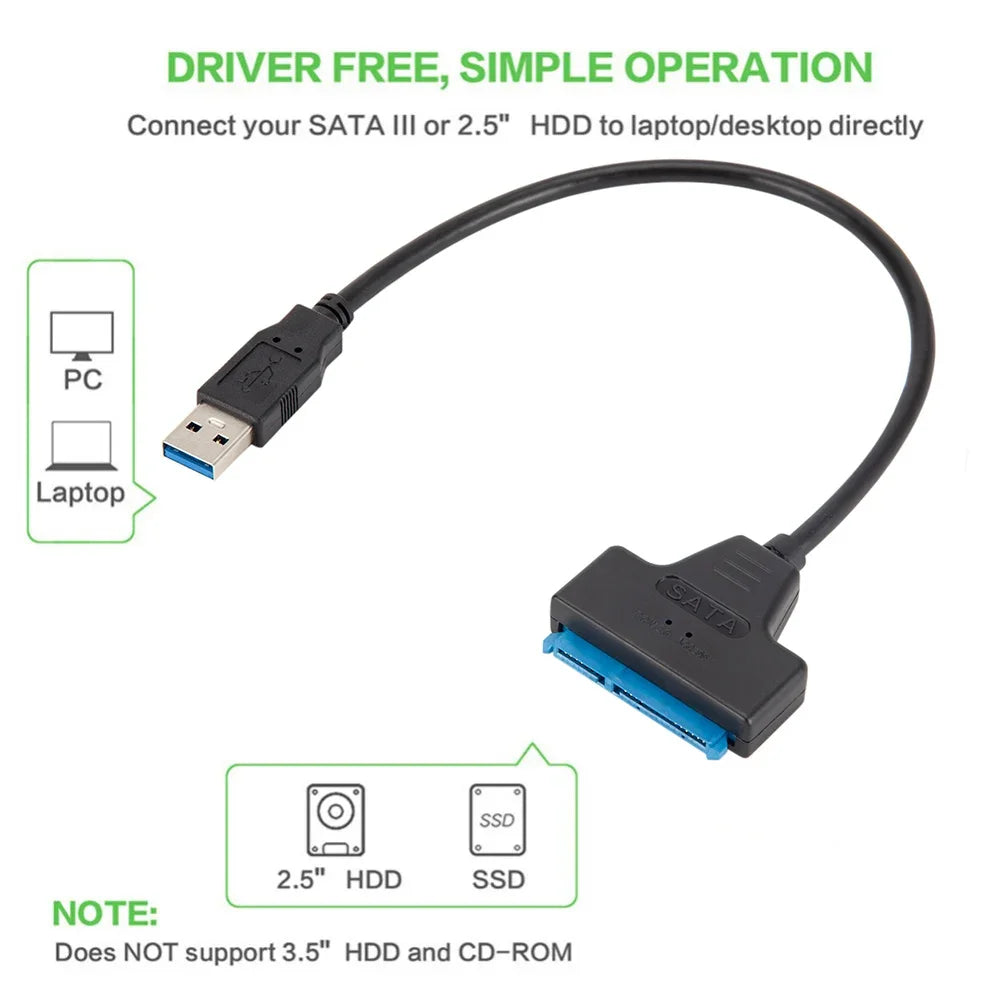 Cable adaptador SATA a USB 3.0 de 22 pines, compatible con discos duros externos HDD/SSD de 2,5 pulgadas, hasta 6 Gbps.