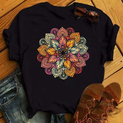 Camiseta estampada floral mandala feminina, tamanho grande, blusa estética de manga curta solta, moda casual, estilo anos 90, nova