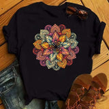 Women's Floral Mandala Printed T-Shirt, Plus Size Loose Short Sleeve Aesthetic Blouse, Casual Fashion, 90s Style, New