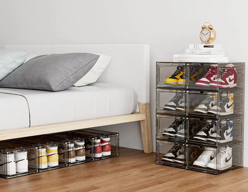 Caja de zapatos de acrílico transparente, tamaño 48, grande, gruesa, antioxidante, apertura frontal, apertura lateral, caja de zapatos AJ con succión magnética